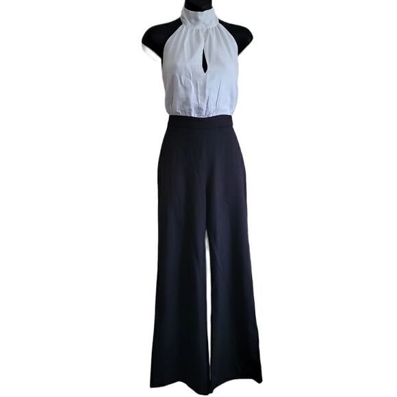 ABS By Allen Schwartz  Black and White Halter Back Jumpsuit Sz 0  NWT - Picture 2 of 10